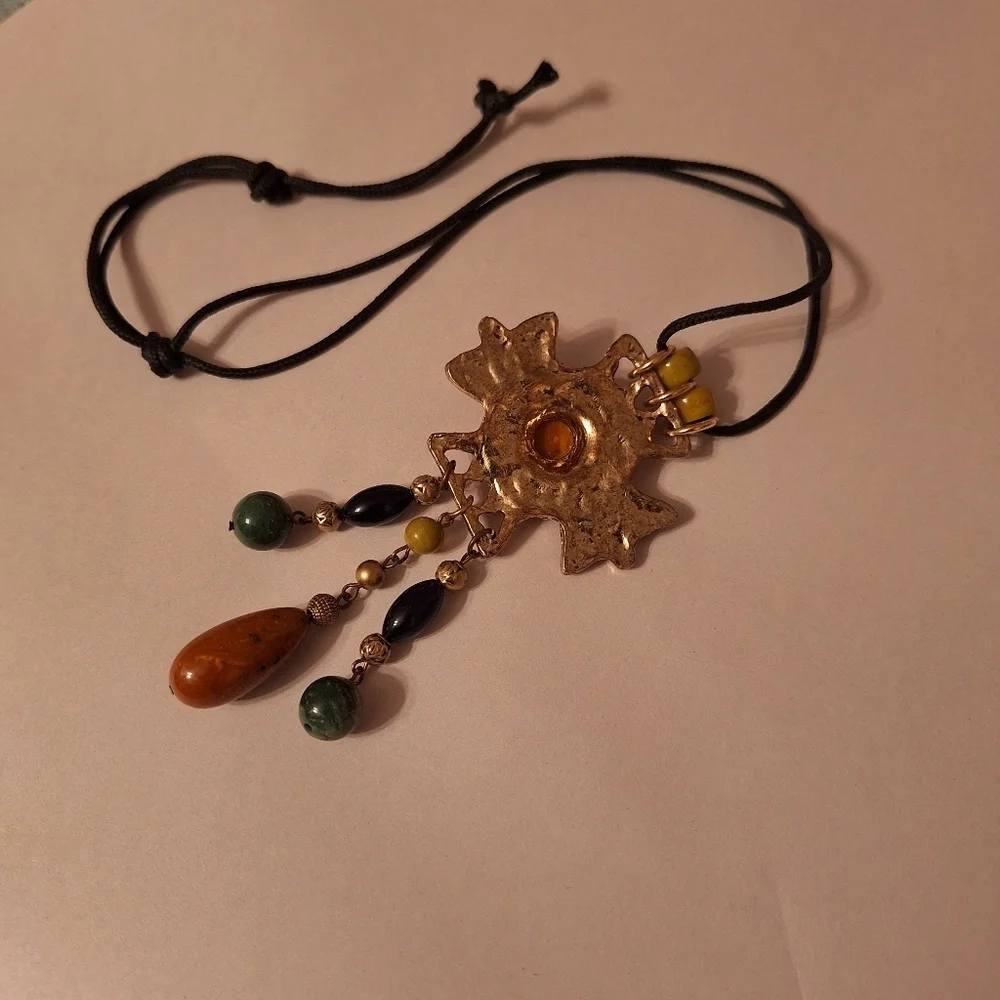 Beaded Amulet Pendant Dangle Tassel Necklace Black Corded Bohemian Must Have